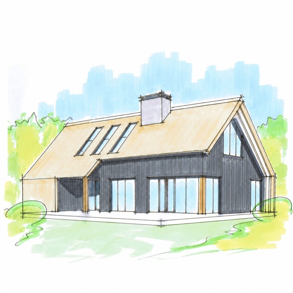 Schetsontwerp strakke schuurwoning met riet