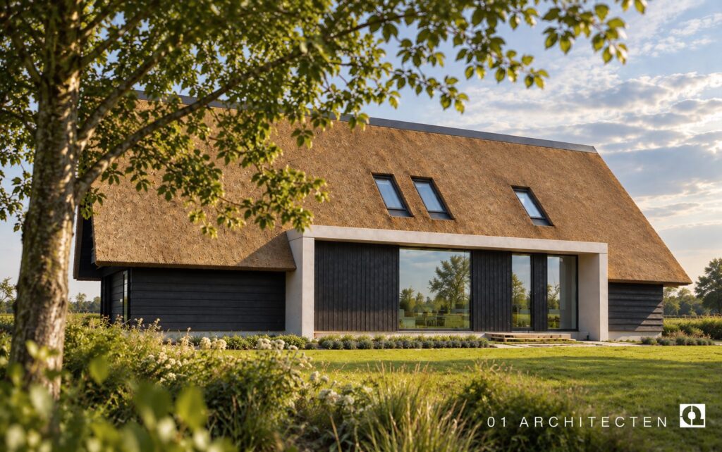 Moderne schuurwoning met rieten kap, veel glas en aangelegde tuin