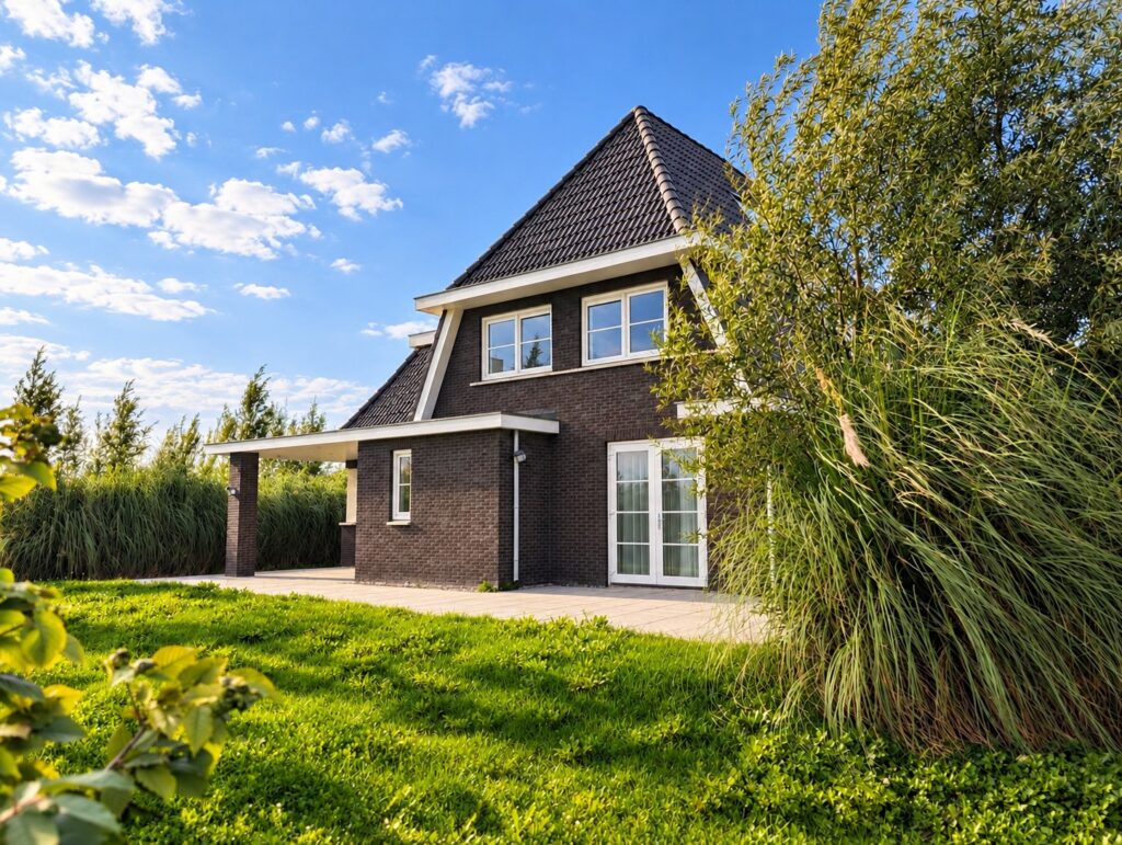 Tuinzijde van jaren ’30 woning in Almere Oosterwold met donkere baksteen en witte kozijnen
