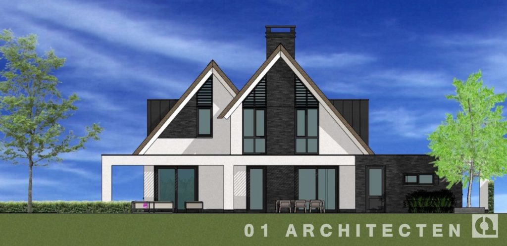 01 Architecten - computertekening van de achtergevel met veranda en livium dak