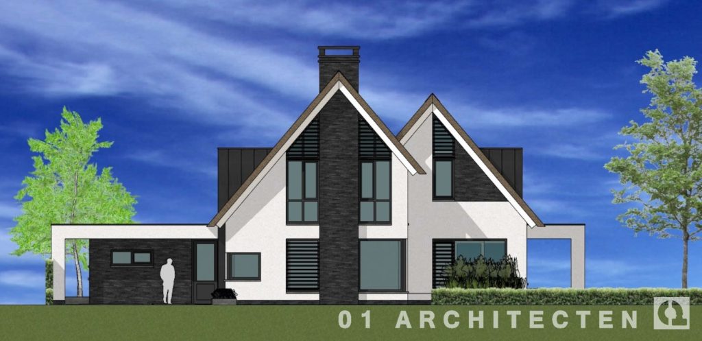 01 Architecten - voorgevel rietgedekte villa met rieten dak in Gramsbergen