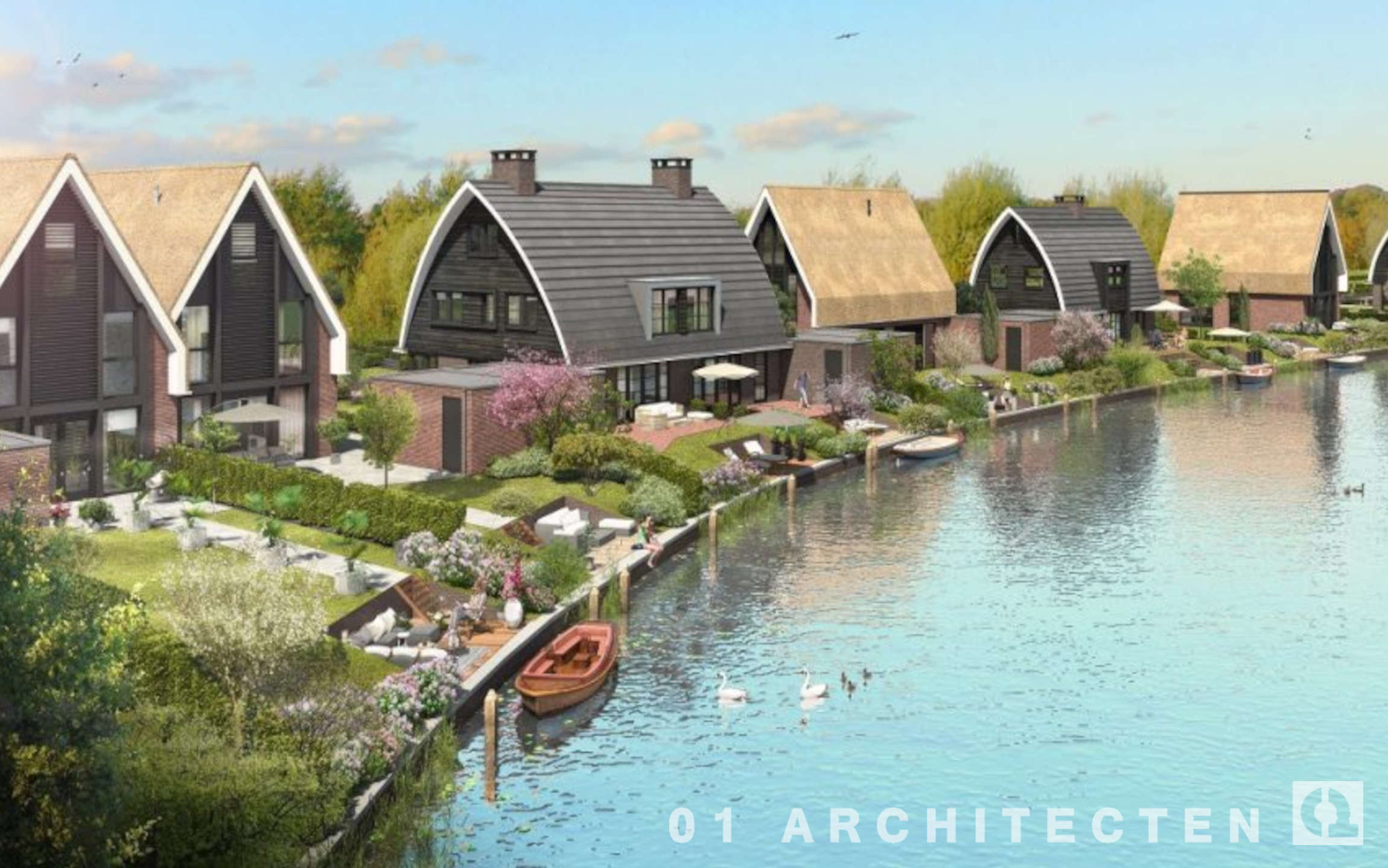 serie moderne woningen aan het water in Blaricum
