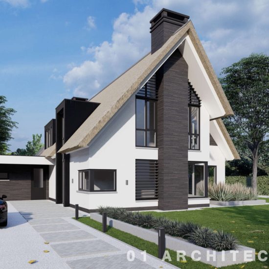 01 Architecten - Witgestucte villa met rieten kap in Gramsbergen
