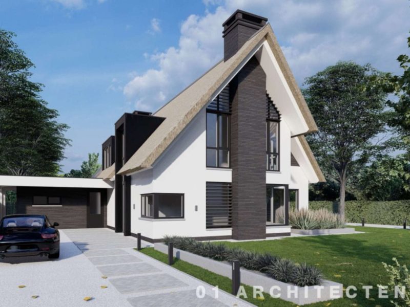 01 Architecten - moderne witgestucte villa met rieten kap