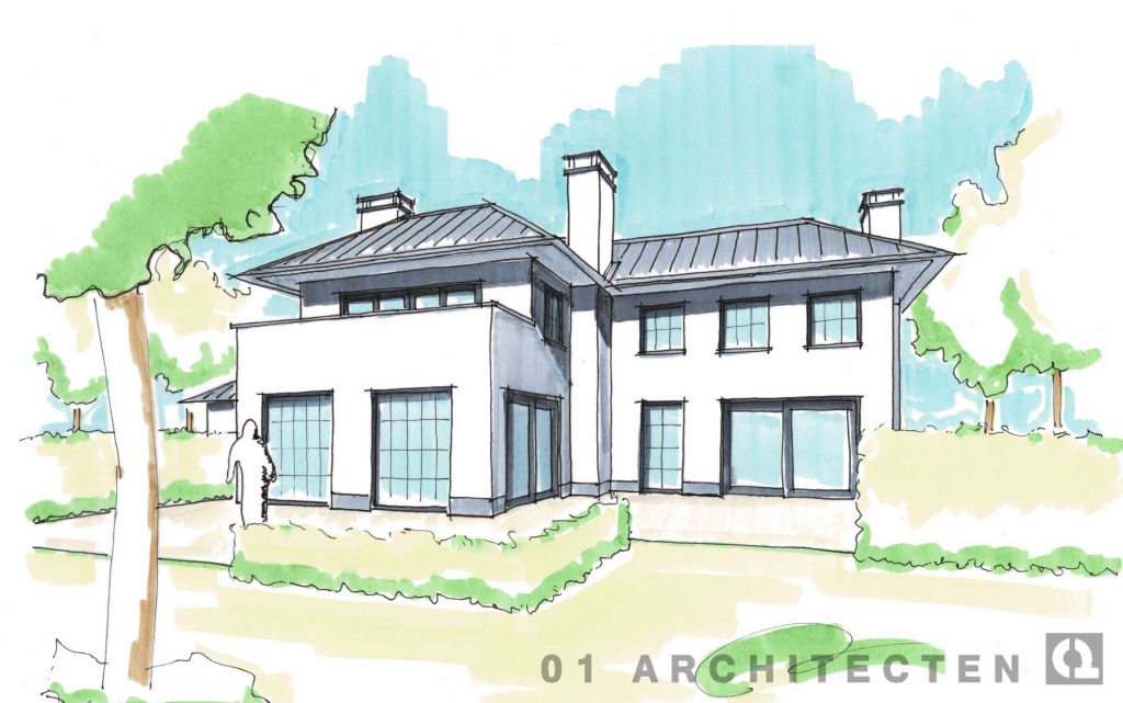 01 Architecten - handschets perspectief villa met zinken dak
