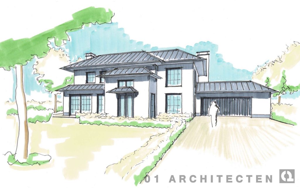01 Architecten - 3d impressie handschets witgestucte villa met zinken dak