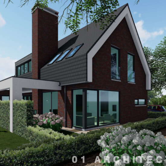 Impressie van een vrijstaande woning in Almere Nobelhorst met een steile kap, donkere bakstenen gevel en grote ramen.