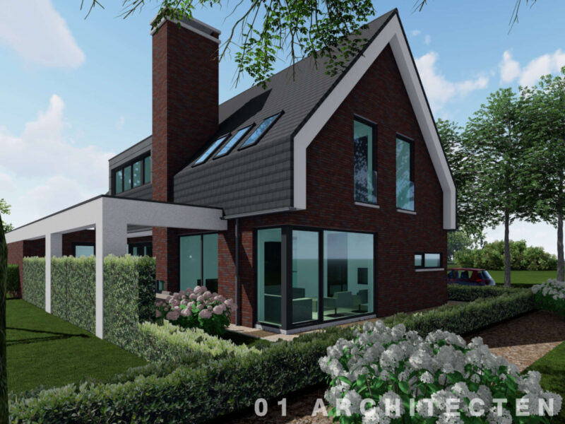 Impressie van een vrijstaande woning in Almere Nobelhorst met een steile kap, donkere bakstenen gevel en grote ramen.