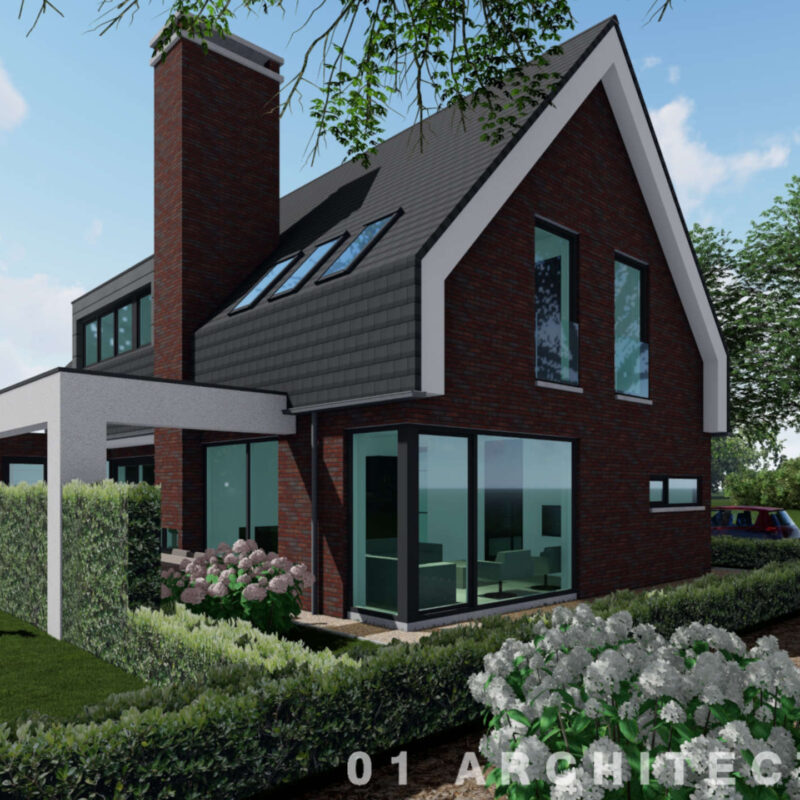 Impressie van een vrijstaande woning in Almere Nobelhorst met een steile kap, donkere bakstenen gevel en grote ramen.