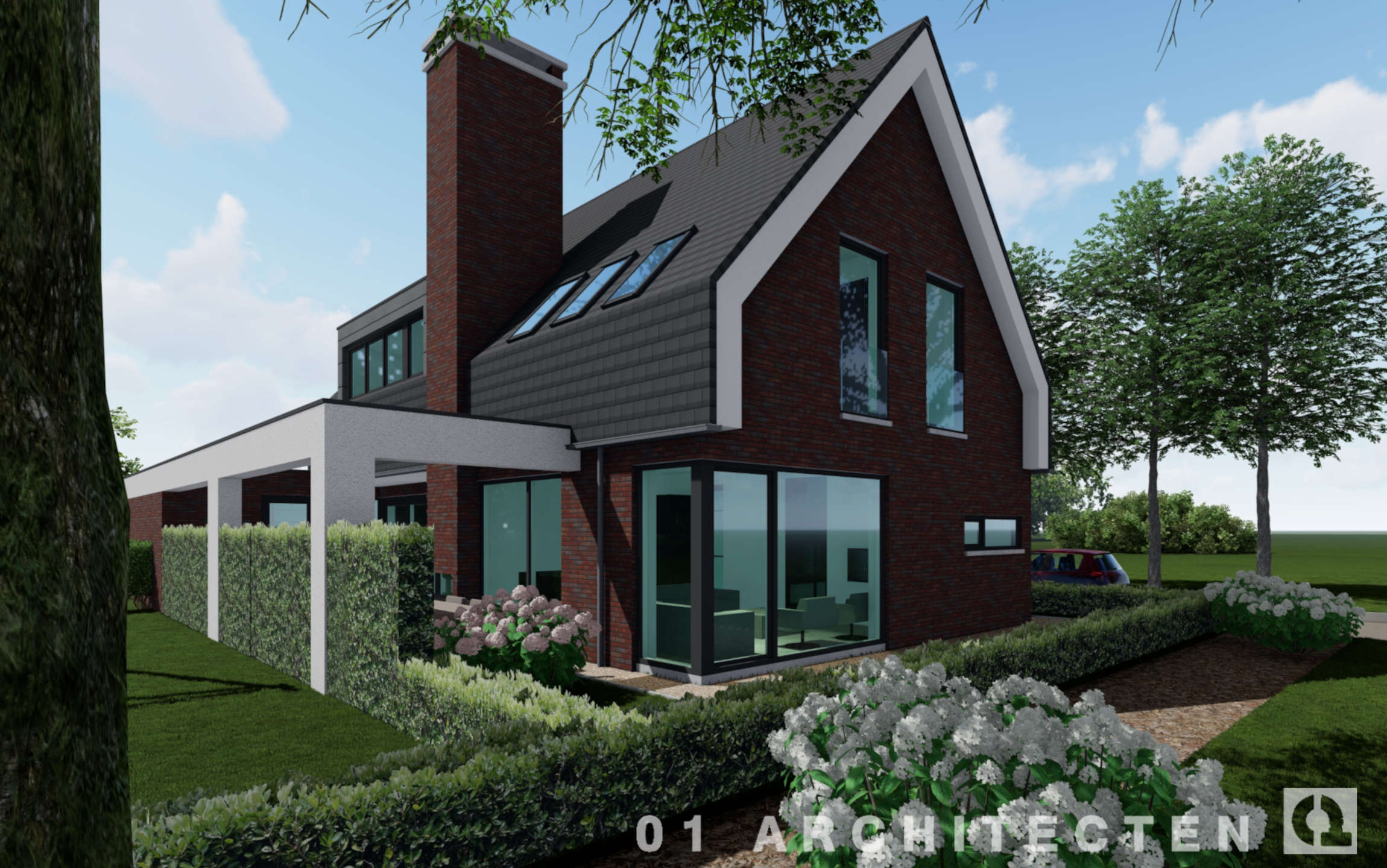 Impressie van een vrijstaande woning in Almere Nobelhorst met een steile kap, donkere bakstenen gevel en grote ramen.
