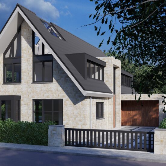 – voorzijde Ontwerp van een vrijstaande villa met lichte gevel, steile kap en aangebouwde garage, gezien vanaf de straat.