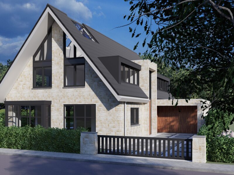 – voorzijde Ontwerp van een vrijstaande villa met lichte gevel, steile kap en aangebouwde garage, gezien vanaf de straat.