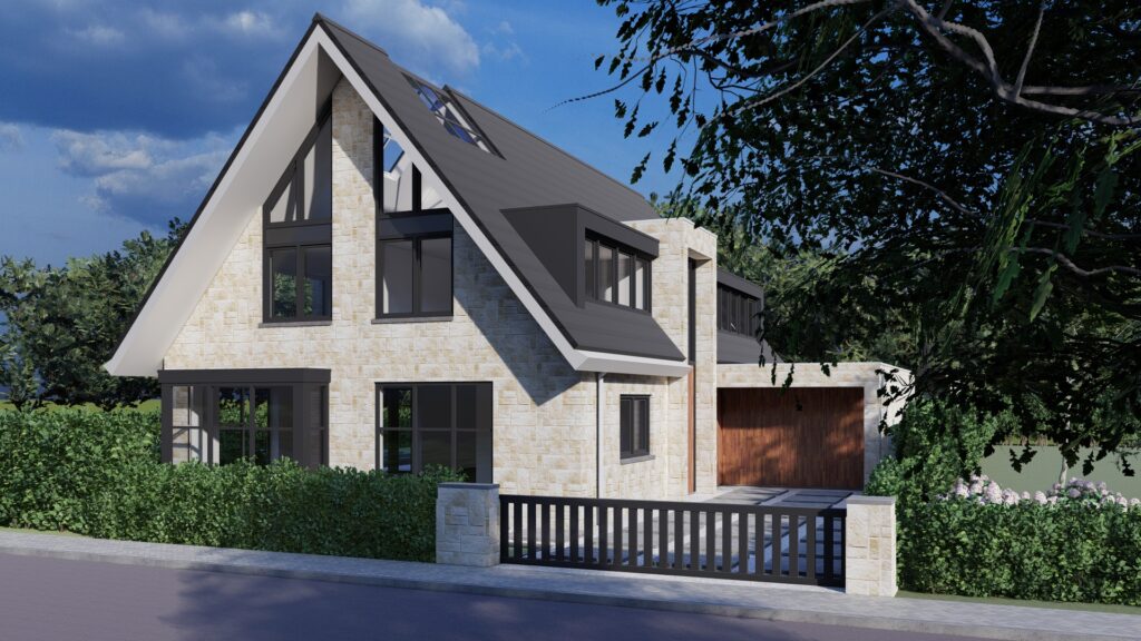 Visualisatie van een grondig verbouwde woning in Almere met eigentijdse architectuur en hoogwaardige materialisering