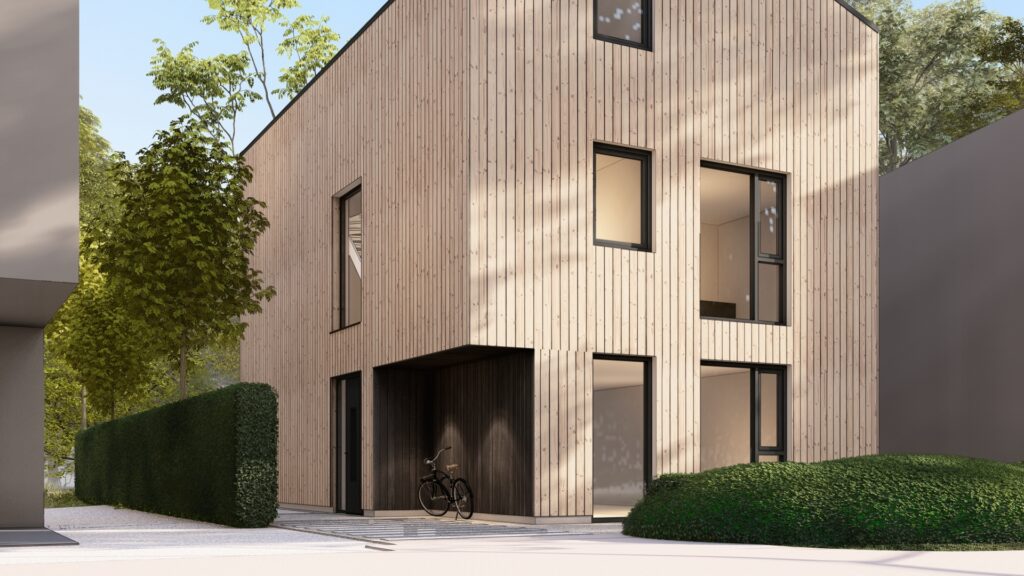 Houten gevel en entree van nieuwbouwwoning in Muiderbos Almere DUIN