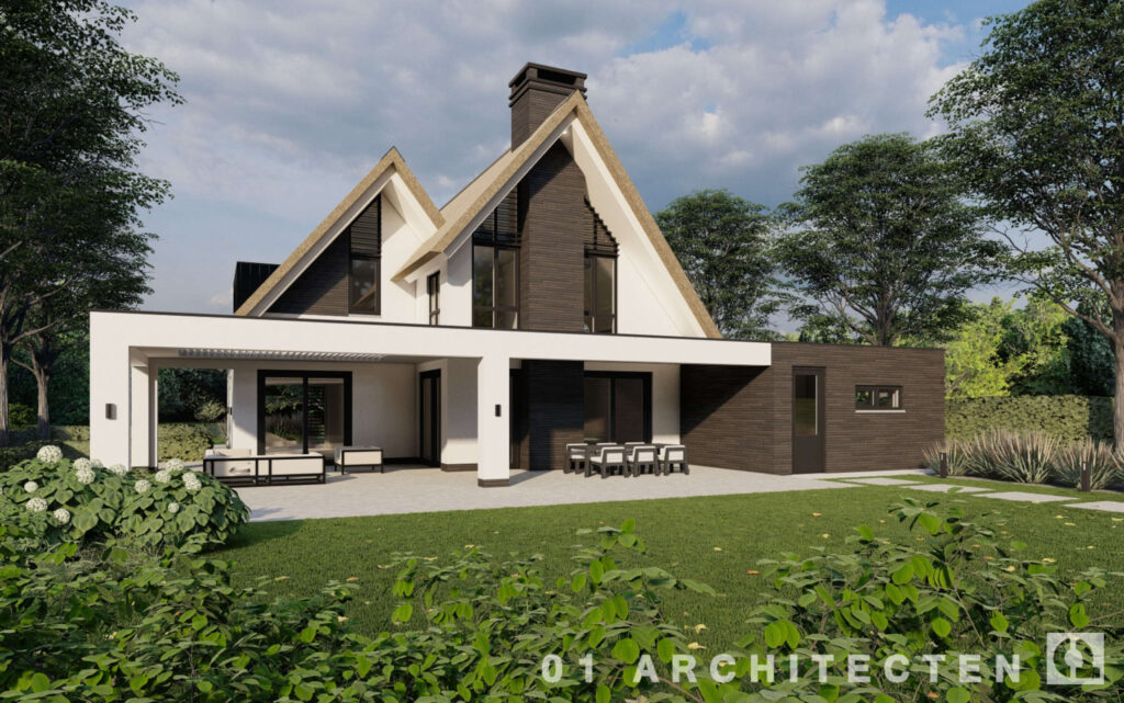 Rietgedekte villa met witte gevels en donkere accenten